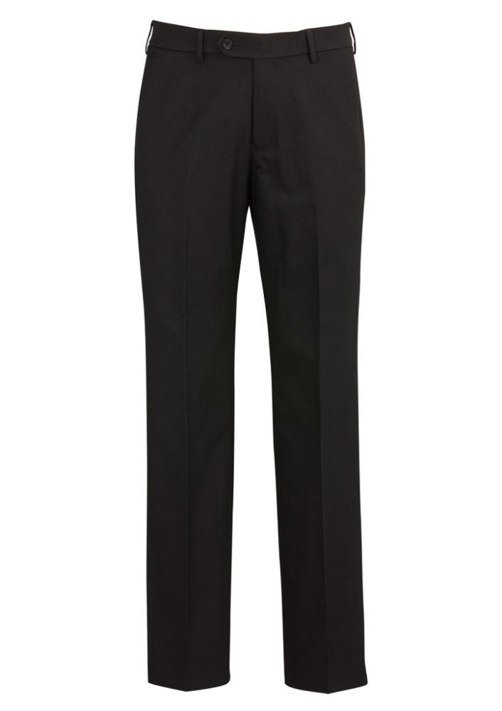 Men's Black Flat Front Pant from Biz Collection, offering style, comfort, and practicality with stretch waistband and security pocket.