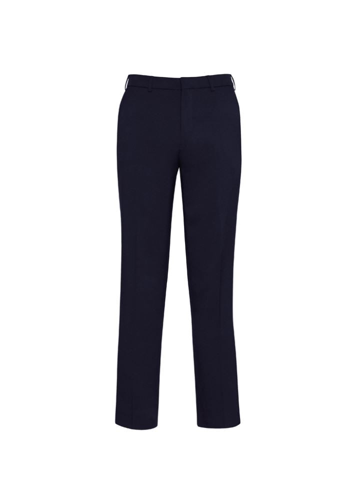 Mens Slimline Pant in Navy, featuring a flat front and tapered leg, designed for comfort and professionalism in corporate settings.