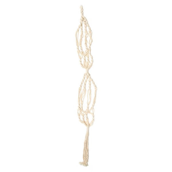 Macrame double pot holder in white, 140cm, designed to showcase plants with a stylish twist and save floor space.