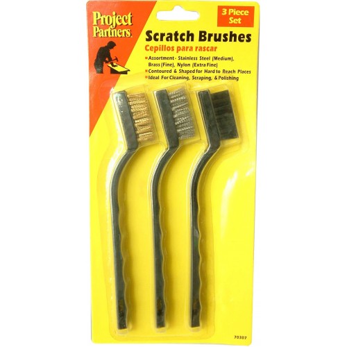 3-piece wire brush set featuring nylon, brass, and stainless steel brushes for versatile cleaning in tight spaces.