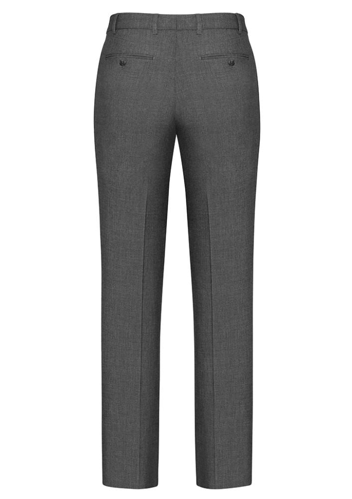 Men's grey slimline pants by Biz Collection, tailored fit with stretch, featuring two rear pockets for style and functionality.