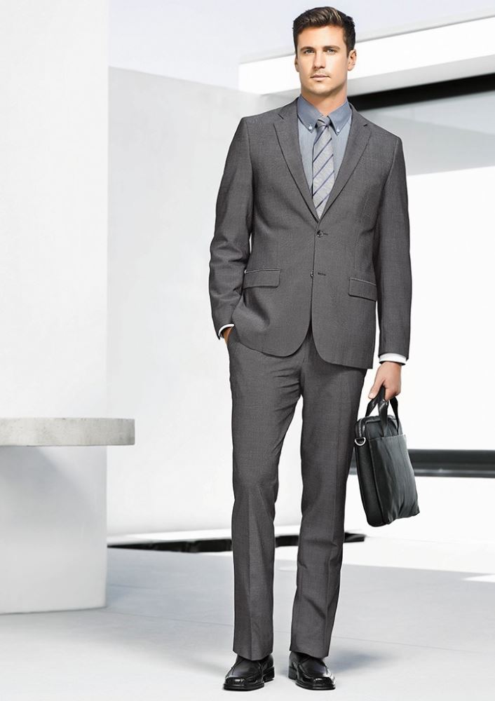 Men's slimline grey pants from Biz Collection with two rear pockets, crafted for comfort and style in various sizes.
