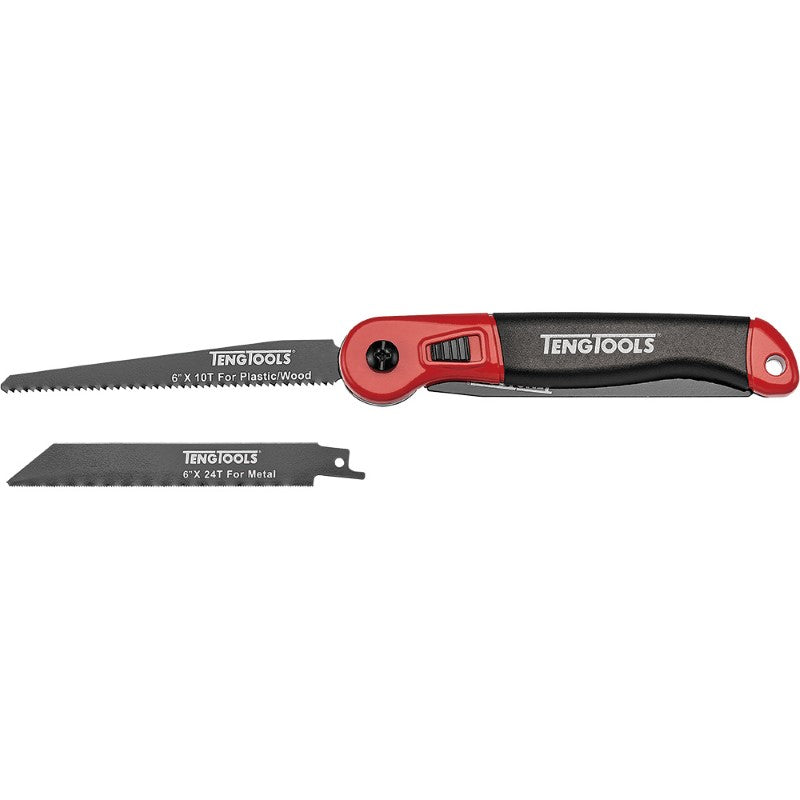 Alt text: Teng Folding Utility Saw with quick change blade function, adjustable in three positions, ergonomic handle, and compatible with Sawzall blades.