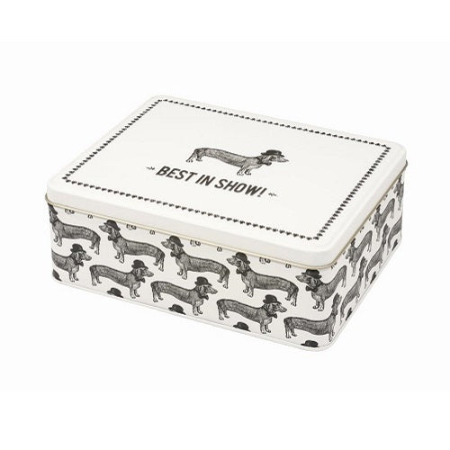 Alice Scott's "Best in Show" bakery tin in printed steel, with airtight lid, perfect for storing baked goods and organizing spaces.