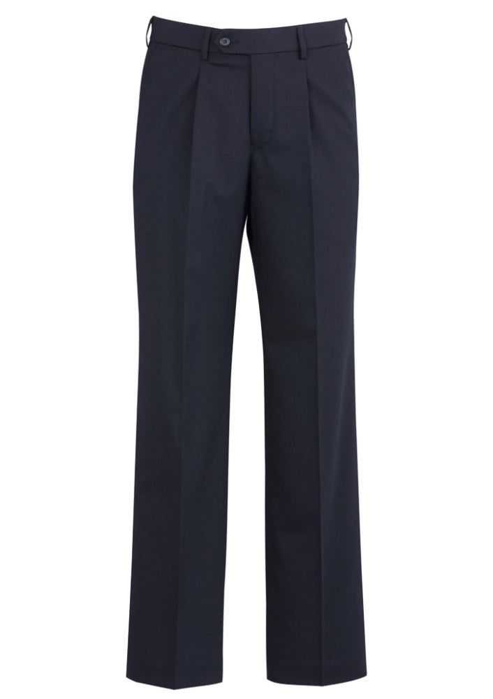 Men's navy one pleat pants from Biz Collection, featuring premium fabric, stretch waistband, and multiple pockets for style and comfort.