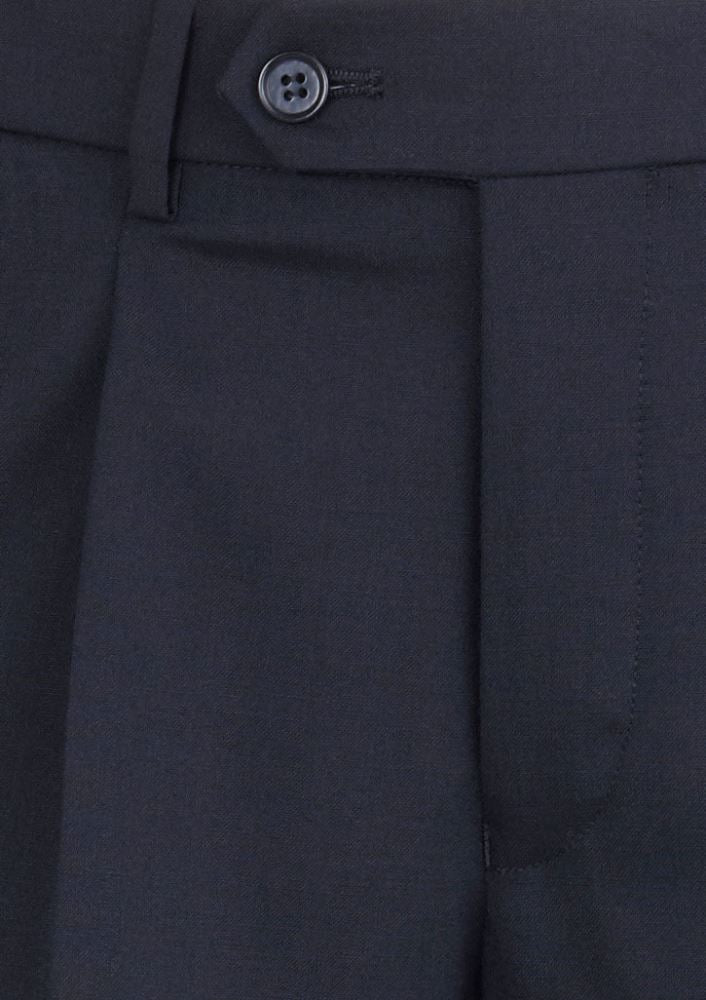 Men's navy one pleat pants from Biz Collection, featuring a comfortable stretch waistband and practical pocket design.
