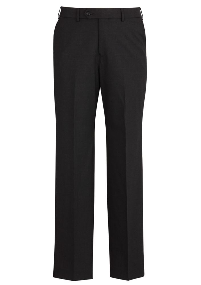 Men's black flat front pants from Biz Collection, featuring a tailored fit, stretch waistband, and internal security pocket.