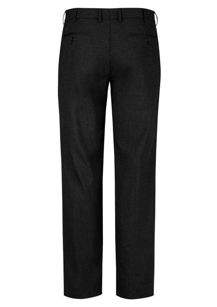 Black flat front men's pants by Biz Collection, made from a blend of polyester, wool, and elastane for professional style and comfort.