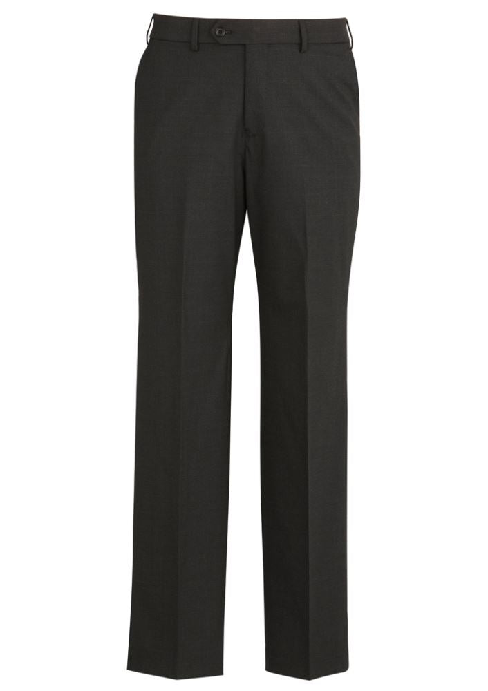 Men's charcoal flat front pants by Biz Collection featuring a slim fit, stretch waistband, and internal security pocket.