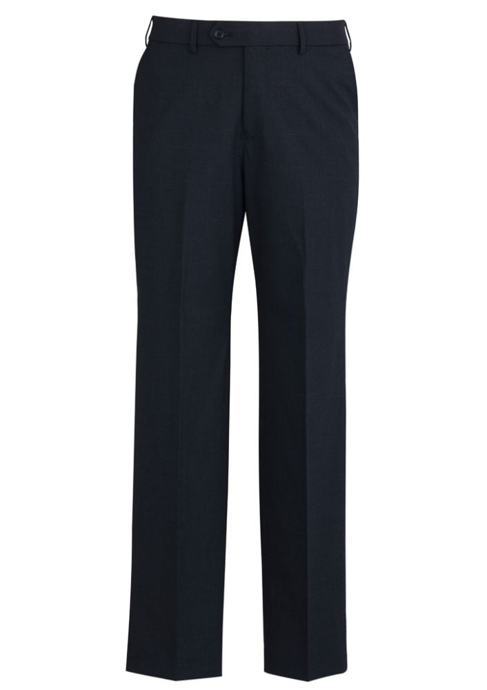 Men's Navy Flat Front Pants by Biz Collection, featuring a sleek design, stretch waistband, and versatile pockets for comfort and style.