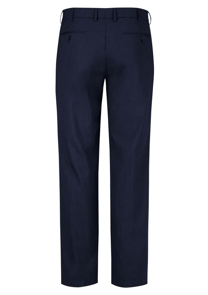 Navy flat front men's pant with a modern fit, featuring a stretch waistband and multiple pockets for comfort and practicality.