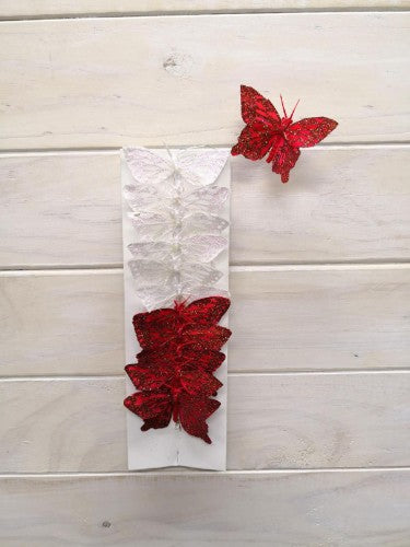 Colorful artificial craft butterflies with red and white glitter, featuring soft feather bodies and bendable wires, set of 12.
