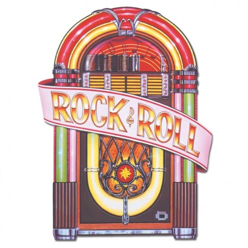 Cardboard cutout of a jukebox, colorful rock & roll design, measuring 87cm x 59cm, printed on both sides.