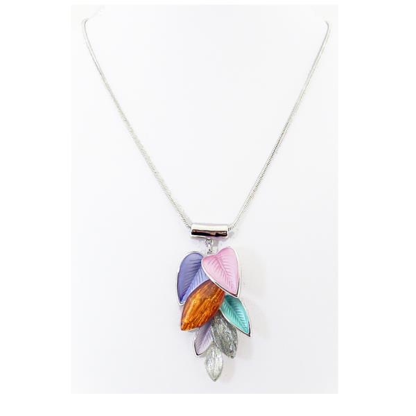 Multi-coloured enamel and resin leaves necklace, 45cm long, enhancing outfits with vibrant nature-inspired elegance.