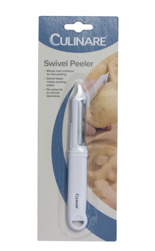 Culinare Swivel Peeler featuring a flexible blade, ergonomic handle, and de-eyeing tip for effortless peeling of all produce.