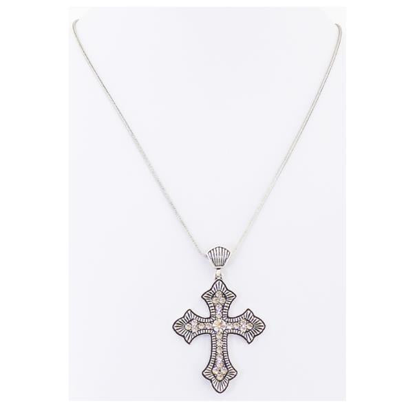 Antique silver cross necklace embellished with sparkling diamante stones, perfect for everyday elegance and special occasions.