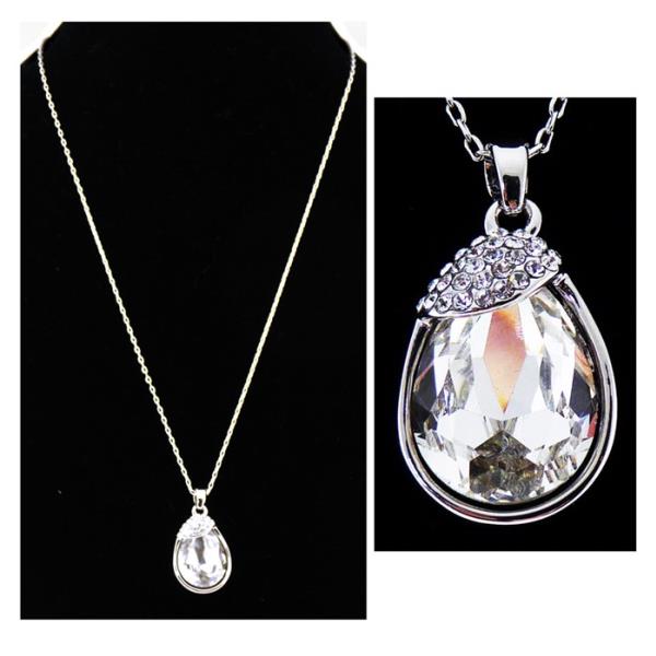 Silver necklace featuring a 2.5cm crystal teardrop pendant and diamante bale, perfect for any occasion.