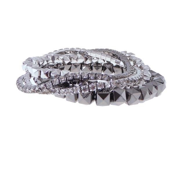 Gunmetal and diamante bracelet featuring elastic design, perfect for casual and formal occasions, with versatile layered styling.