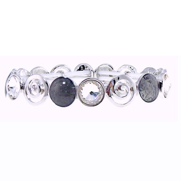 Elegant grey and crystal bracelet featuring silver pinwheels, elasticated for a comfortable fit and chic style.
