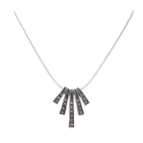 Elegant marcasite fan necklace with black diamante accents, perfect for adding sophistication to any outfit.