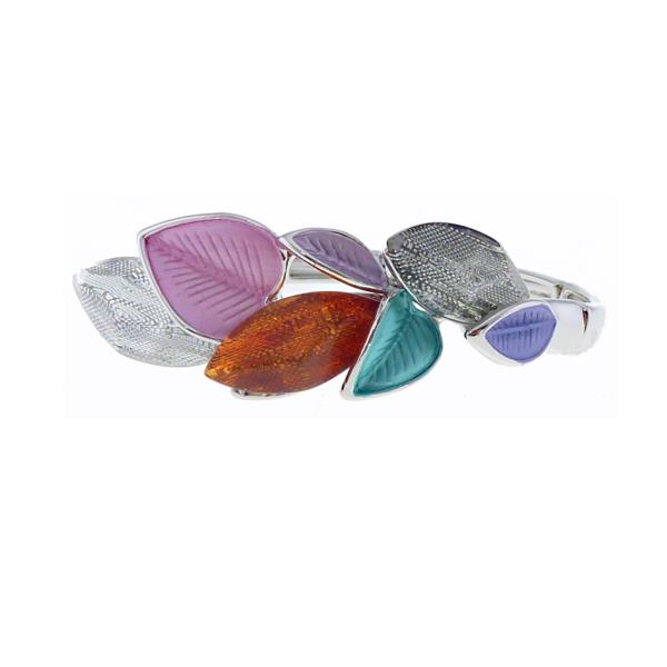 Multi-coloured enamel and resin bracelet featuring exquisite leaf motifs, perfect for nature lovers and elegant styling.