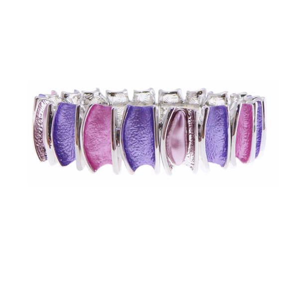 Vibrant fuchsia and purple curved pieces in an elasticated bracelet, perfect for adding color and style to any outfit.