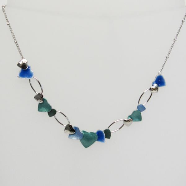 Teal and blue heart-shaped pendants on a delicate 28 cm chain, perfect for elevating any outfit with charm and elegance.