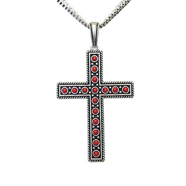 Antique silver cross necklace featuring intertwined rolo and box chains, measuring 80 cm with a 9 x 5 cm pendant.