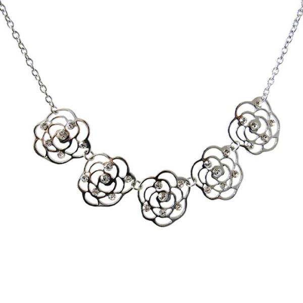 Elegant Jax Five Diamante Roses Necklace featuring five sparkling rhinestone roses on a rhodium chain, perfect for any occasion.
