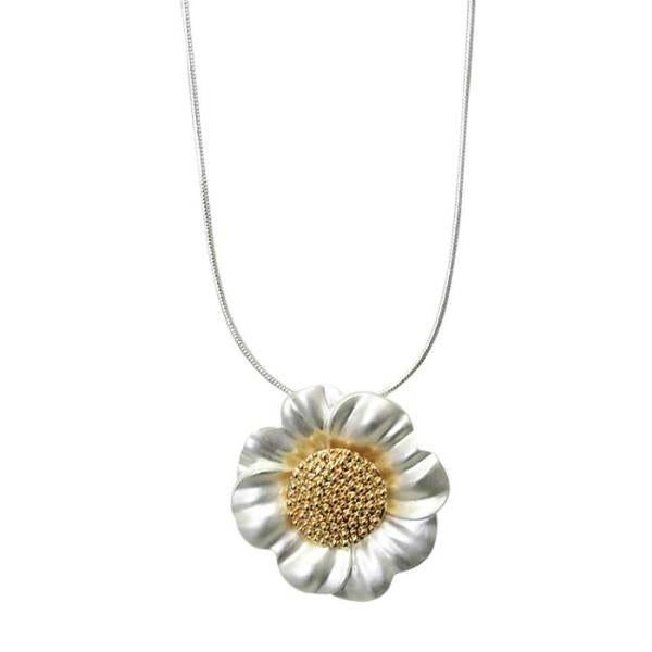 Matt gold sunflower necklace with sparkling center on a 46 cm snake chain, ideal for elegant everyday wear.