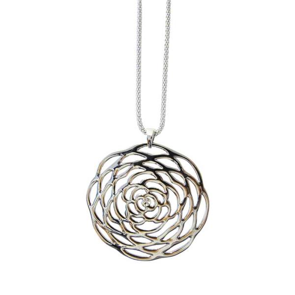 Large geometric rose pendant in rhodium with clear diamante on a sparkling 70 cm snake chain, 4.8 cm diameter.