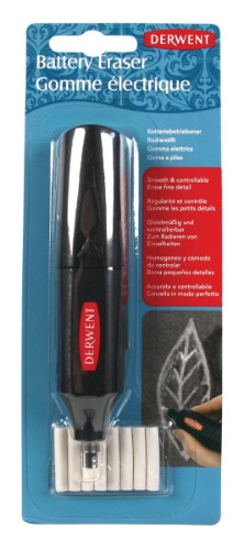 Battery-operated eraser designed for precise corrections of small areas in pencil and charcoal, requiring 2 x AAA batteries.