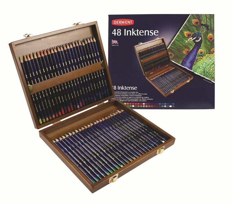 Derwent Inktense Pencils in a wooden box of 48, featuring vibrant, water-soluble colors for versatile artistic expression.