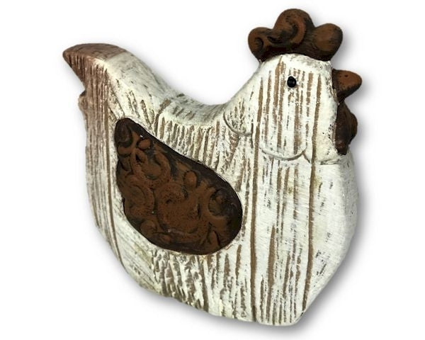 Charming Pacific Hen ceramic ornament with intricate carving, perfect for country decor, 16.5cm tall, on clearance.