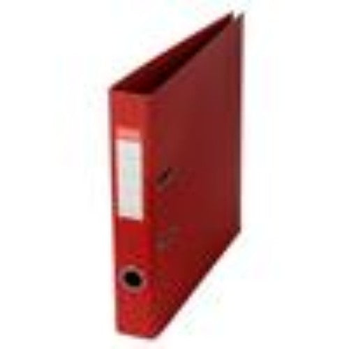 Red Lever Arch Senator A4 file with durable polypropylene cover, removable spine card, and metal finger hole for easy access.