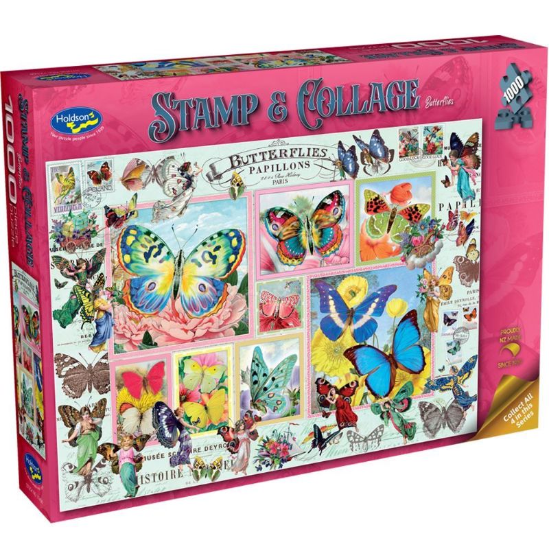 Colorful 1000-piece puzzle featuring butterfly collage art by Barbara Behr, made from eco-friendly materials.