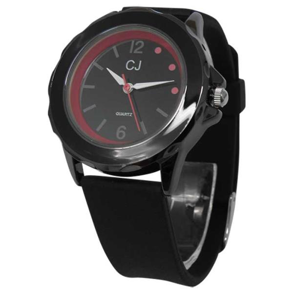 Pink and black satin watch featuring a 33 mm face, silicon band, and reliable Seiko movement for stylish timekeeping.