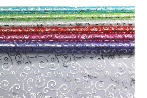 Hot pink organza fabric roll with swirl design, 10m long, perfect for decorating, crafting, and special events.