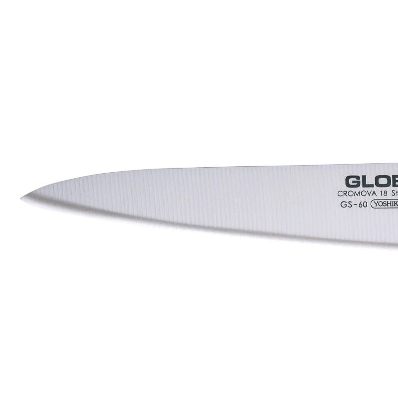 Global GS-60 Utility Knife (15cm) showcasing precision cutting, CROMOVA 18 stainless steel, and ergonomic handle design.