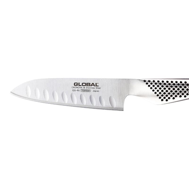Global GS-90 13cm Santoku Knife with Granton edge, ideal for versatile slicing and dicing in the kitchen.