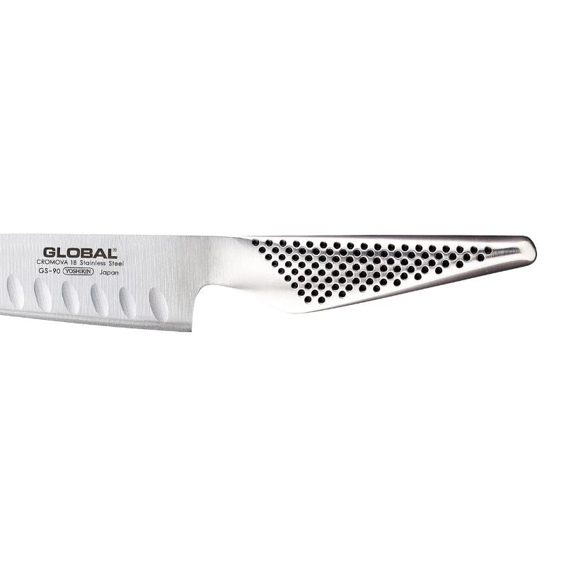Global GS-90 Granton Edge Santoku Knife (13cm) with fluted blade, ideal for slicing and dicing, made from durable stainless steel.