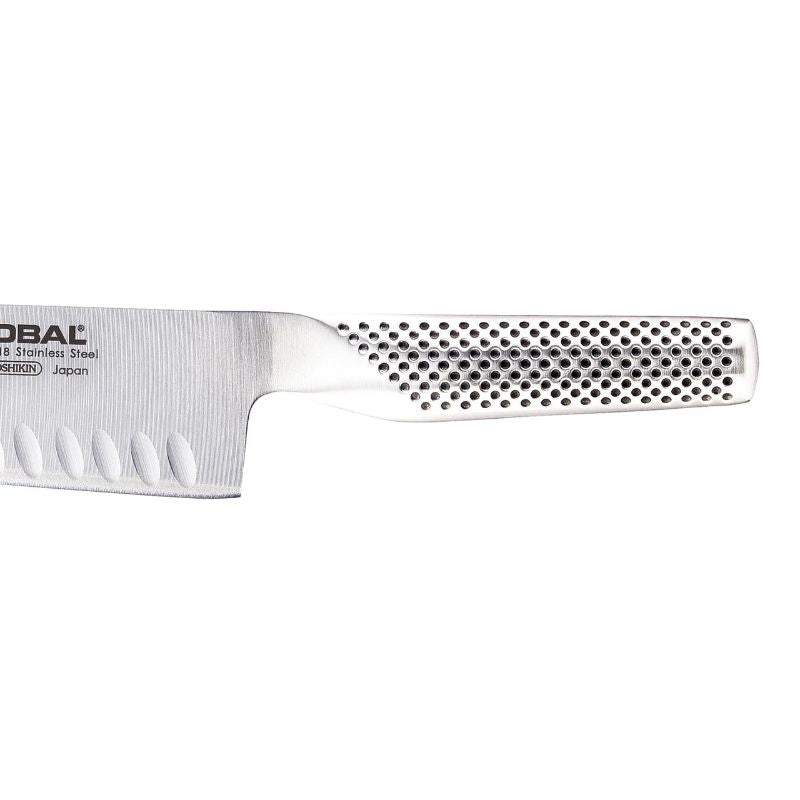 Global G-80 Santoku Knife, 18cm, featuring a Granton Edge, CROMOVA 18 steel, fluted design, and ergonomic handle for precision cooking.