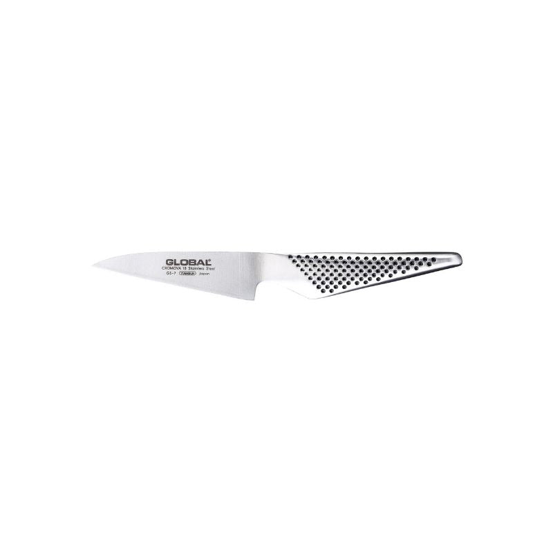Global Classic Spear GS-7 Paring Knife (10cm) with CROMOVA 18 stainless steel, 15-degree edge, and ergonomic handle for precise cuts.