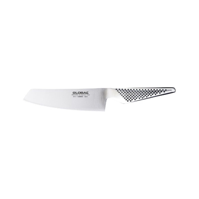 Global Classic 14cm Vegetable Knife, featuring a flat blade for precise vegetable slicing and crafted from durable CROMOVA 18 stainless steel.