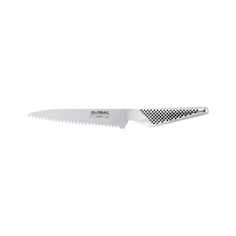 Global Classic Fluted Serrated Utility Knife (15cm) for effortless cutting of bread, fruits, and vegetables with a durable stainless steel blade.