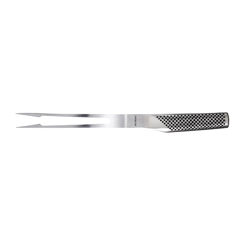 Global Classic Bent Carving Fork with sharp prongs, CROMOVA 18 steel, for effortless carving of meats.