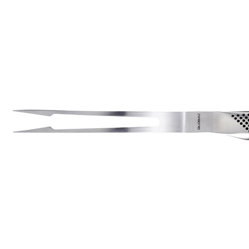 Global Classic Bent Carving Fork with sharp prongs for precision slicing of roasts, made from durable CROMOVA 18 stainless steel.