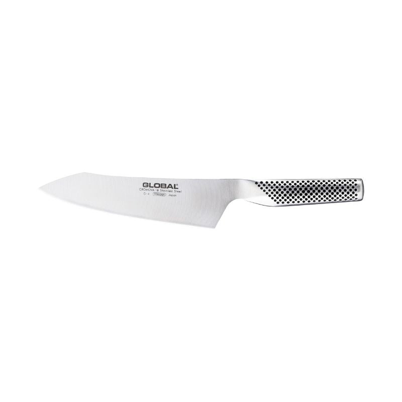 Global Classic Oriental Cook's Knife (18cm) featuring a razor-sharp CROMOVA 18 stainless steel blade for precision cutting.