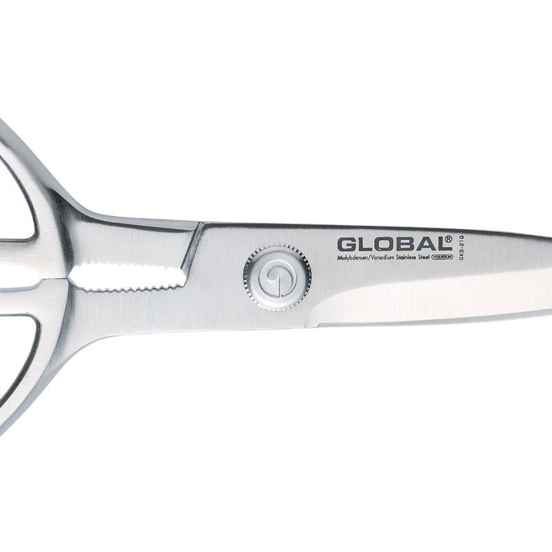 Global Classic Kitchen Shears featuring finely serrated blades, a nutcracker, and a sleek design for versatile culinary tasks.