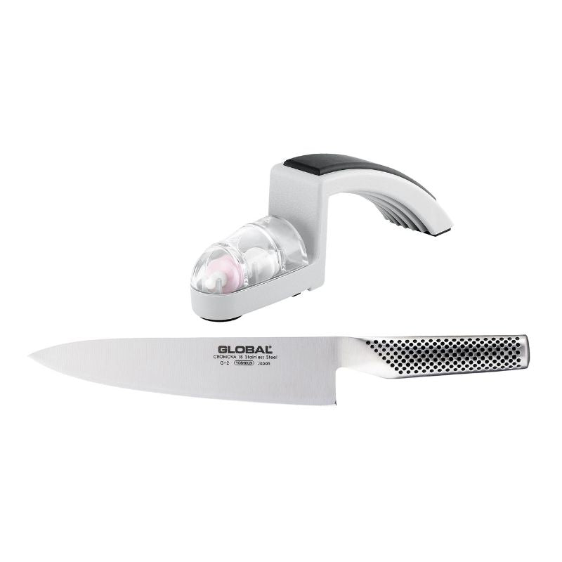20cm G-2 Cook's Knife and MinoSharp sharpener set, showcasing premium stainless steel and superior sharpness for culinary enthusiasts.